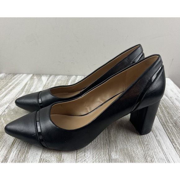 Crown & Ivy Heels Black Leather Career Pumps Tracey Block Heel 8 - Picture 1 of 10